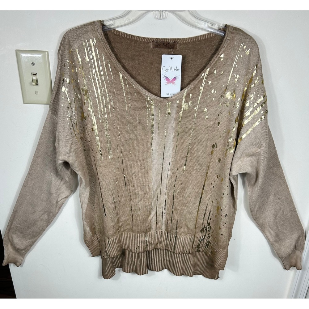 Gigi Moda Knit Sweater Womens OS Camel Gold Splatter Foil Scoop Neck Italy Chic